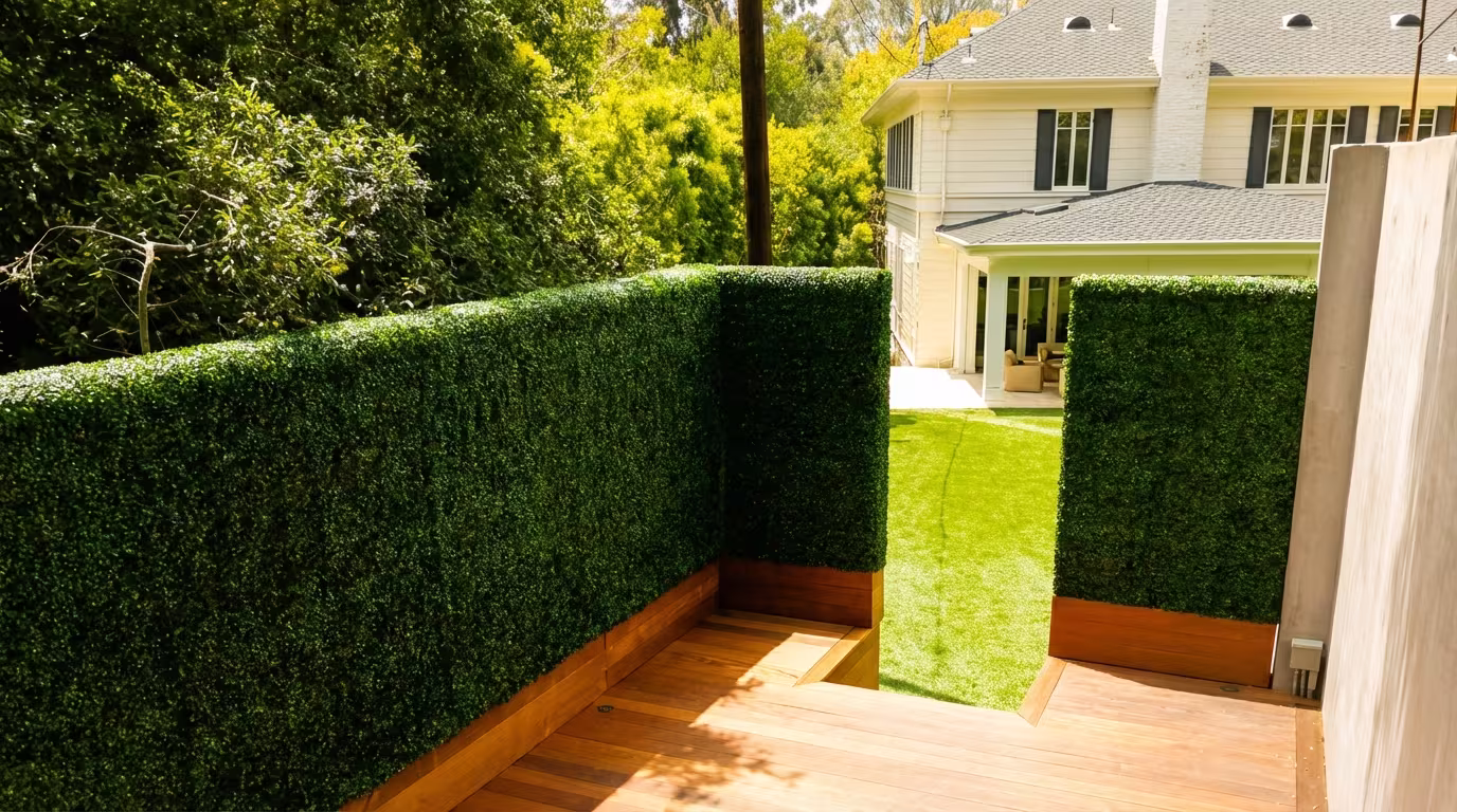 Artificial boxwood privacy hedges installed for backyard privacy at a California residence